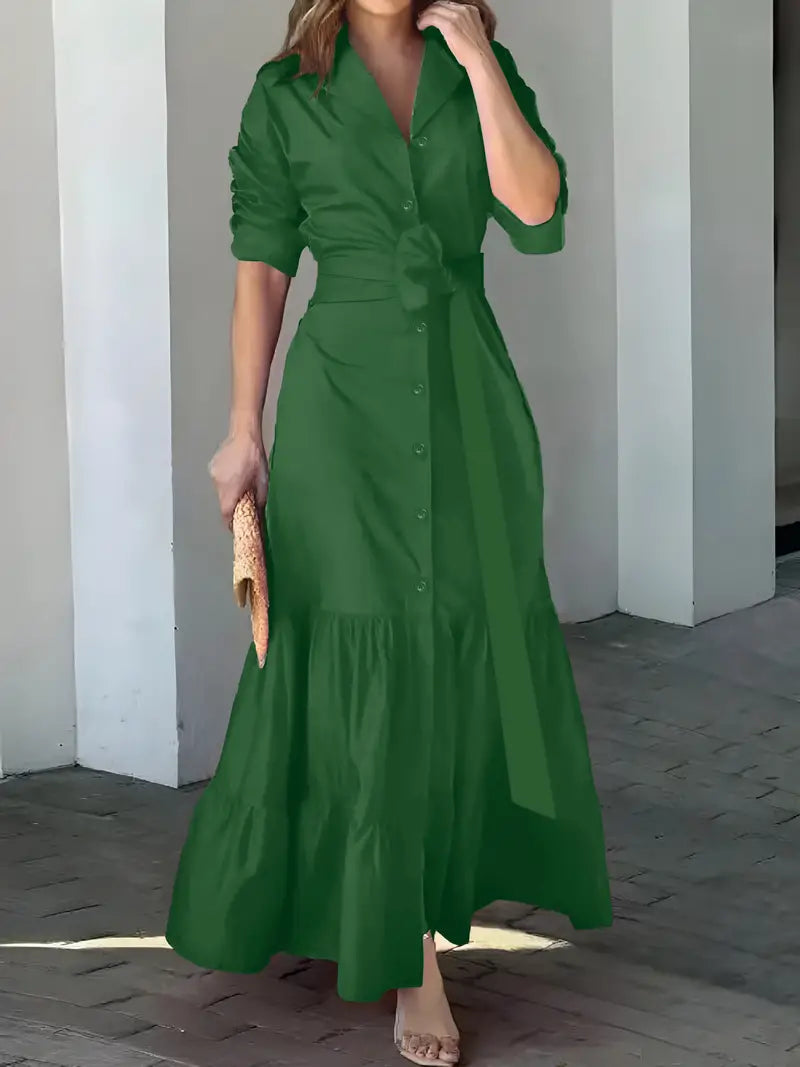 MEGAN™ ELEGANT SOLID BUTTON BELTED MAXI DRESS