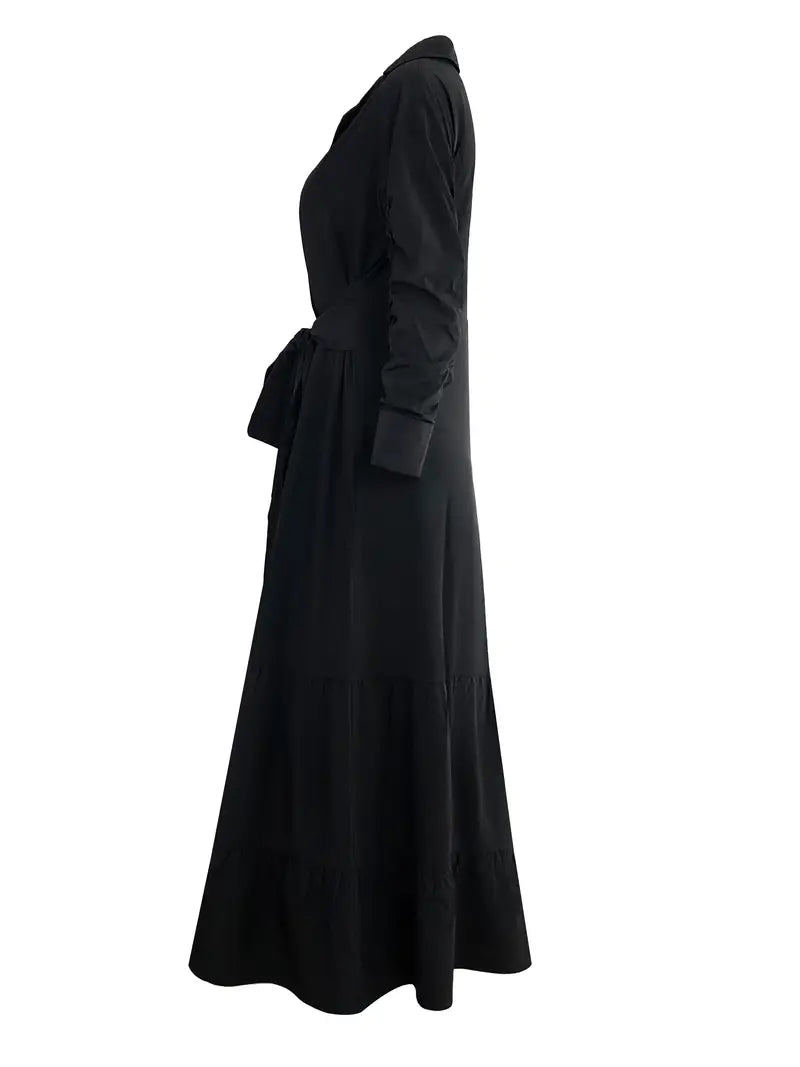 MEGAN™ ELEGANT SOLID BUTTON BELTED MAXI DRESS