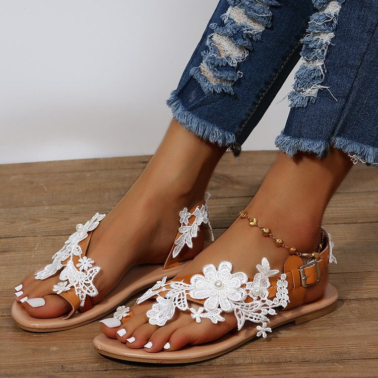 WOMEN'S FLOWER FLAT HEEL CUTE LEATHER SANDALS