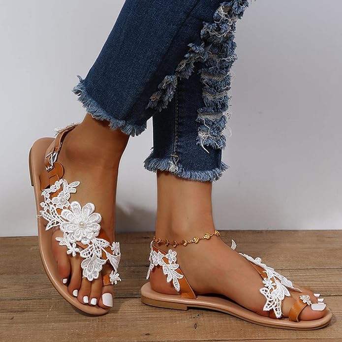 WOMEN'S FLOWER FLAT HEEL CUTE LEATHER SANDALS