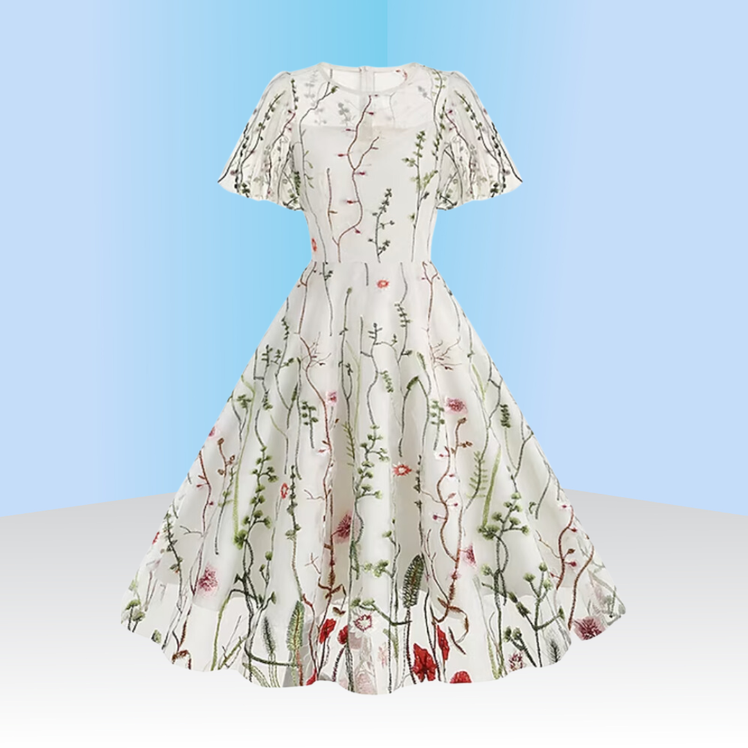 VINTAGE FLORAL MESH DELIGHT MIDI DRESS