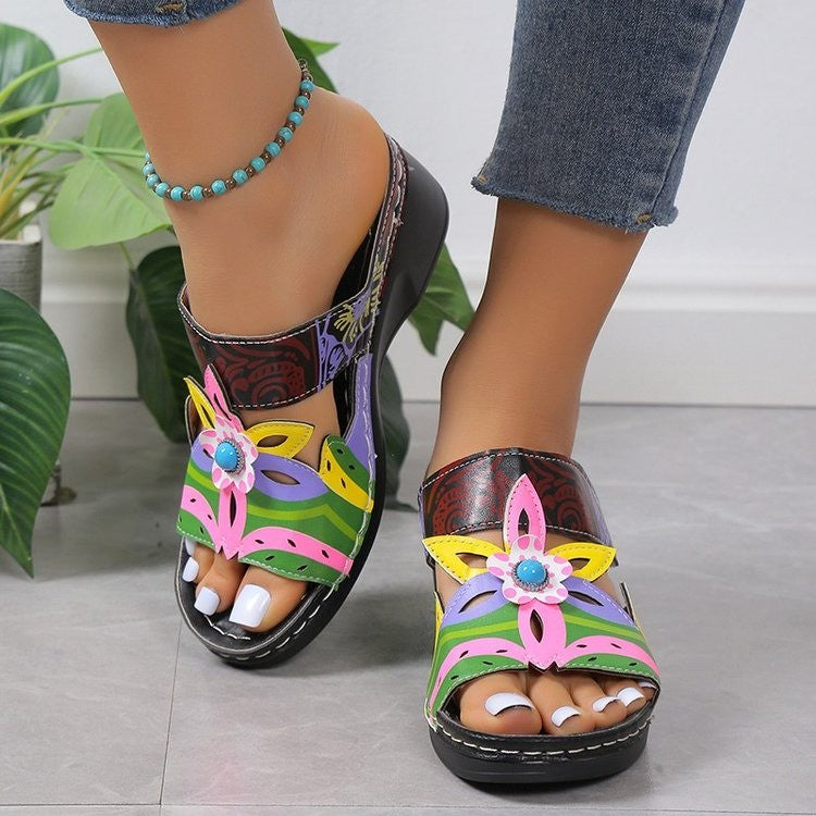 WOMEN'S SUMMER CUT OUT FLOWER WEDGE SANDALS